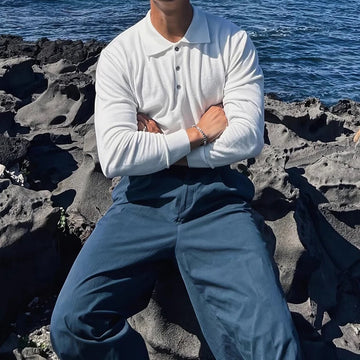 AIDASE  -  Spring Autumn Fashion Men's Polo Shirts Knitted Long Sleeve Button-up Polo Neck Tops Vintage Solid Color Mens Pullover Tops aidase-shop